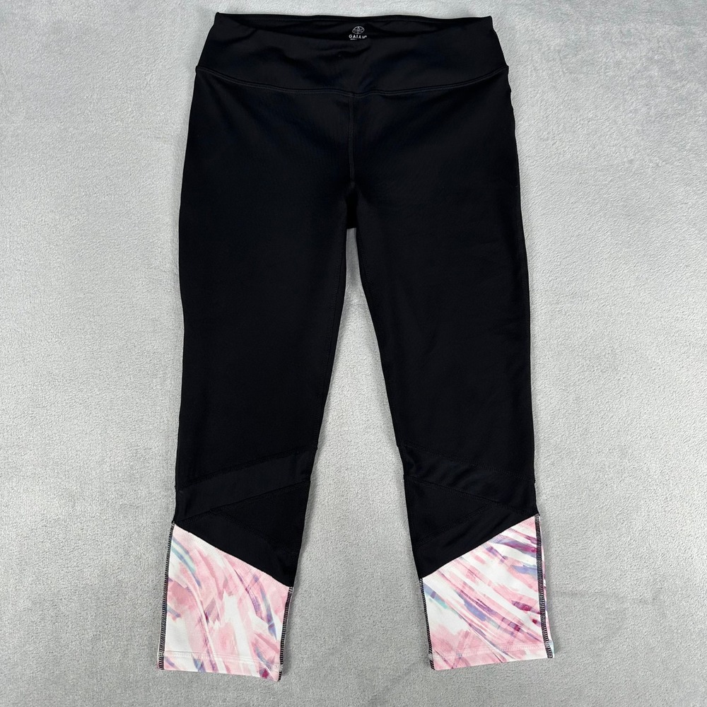 Gaiam Leggings Women Medium Black Capri Yoga Pants Mesh Abstract Print Trim
